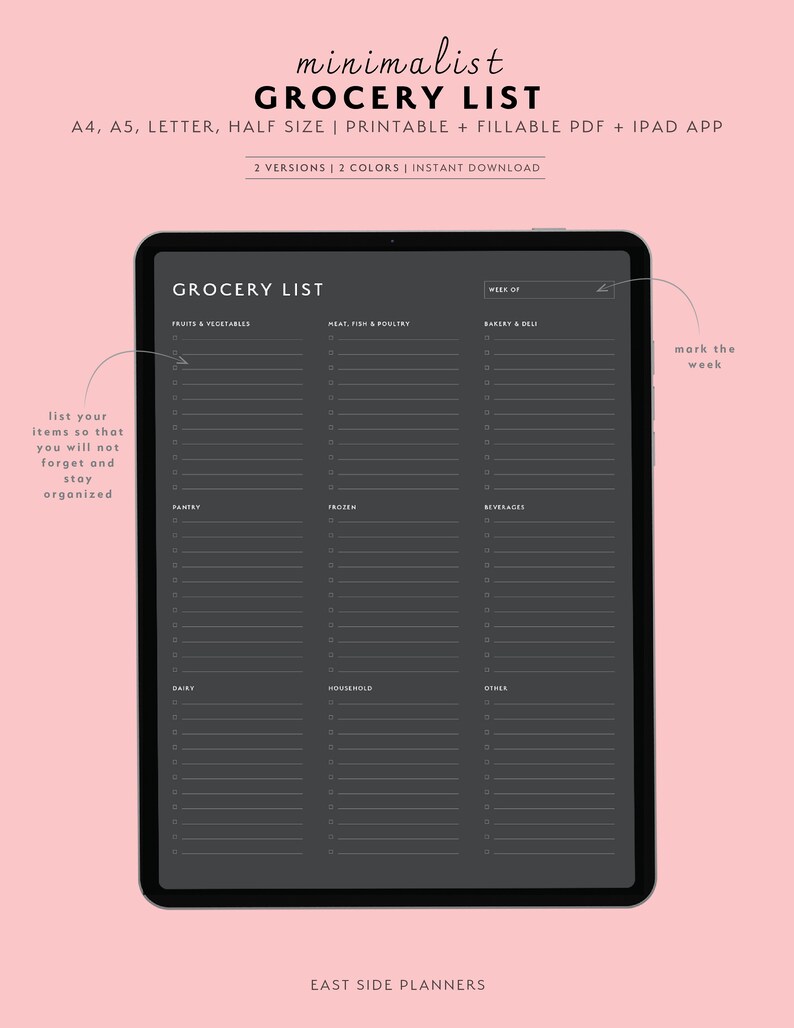 Grocery List Printable Template, Grocery Planner, Organize, Weekly Plan, Food Shopping List, A4