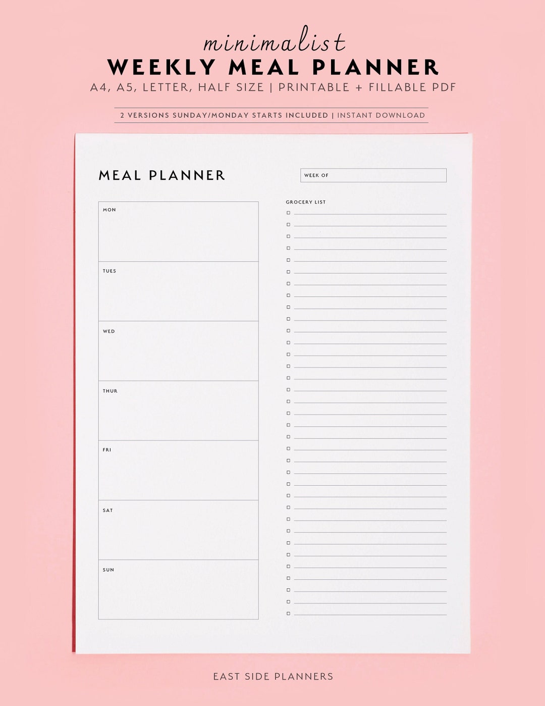Weekly Meal Planner With Grocery List Printable Template, 7 Day Menu ...