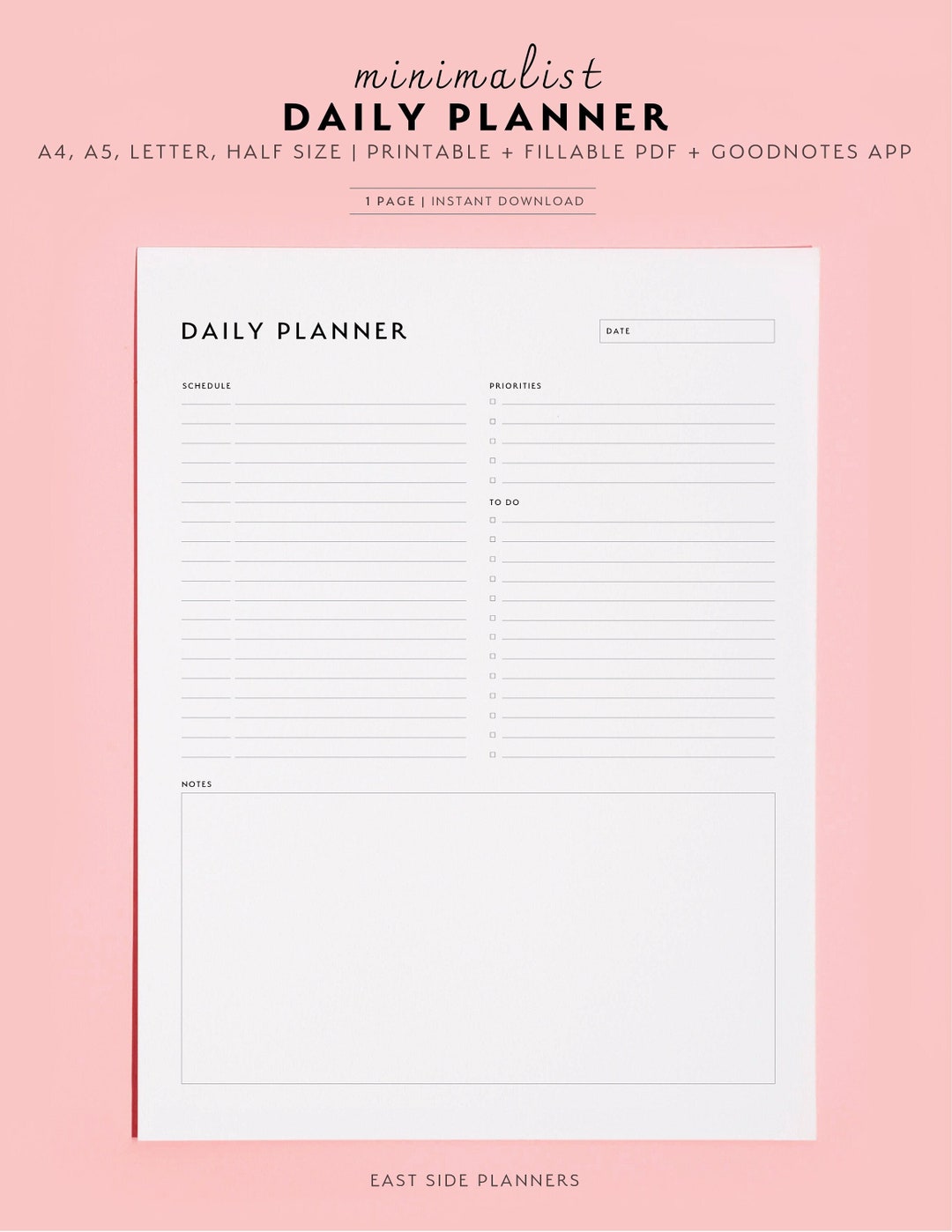 Minimalist Daily Planner Printable, Daily to Do List for Work/home ...