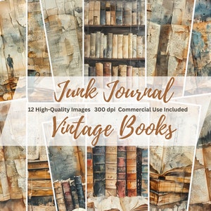 Può includere: Un collage di 12 immagini di alta qualità che mostrano libri vintage con un effetto acquerello. Le immagini sono a 300 dpi e perfette per il junk journaling. Il testo "Junk Journal Vintage Books" è visualizzato al centro del collage.