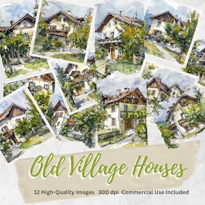 Old Village Houses Clipart 12 High-Quality JPGs, Junk Journals, Paper Craft, Digital Download, Scrapbook, House Clipart, Country Clipart jpg
