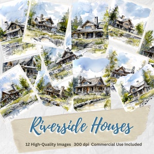 Riverside Houses Clipart 12 High-Quality JPGs, Junk Journals, Paper Craft, Digital Download, Scrapbook, House Clipart, Country Houses