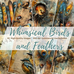 Skurrile Vögel und Federn druckbare Papiere, Digital Papier Ephemera Kit, wunderliche digitale Kunst, Vogel Federn Junk Journal druckbare Karten
