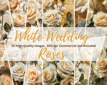 Roses blanches de mariage, fleurs, roses shabby chic, éphémères vintage, roses vintage, téléchargement numérique, pages florales de scrapbooking, journal indésirable