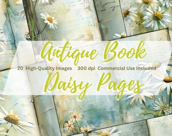 Antique Book Daisy Pages, Digital Junk Journal Kit, Junk Journal, Vintage Ephemera, Floral Images, Paper Kit Vintage Book White Daisy Flower