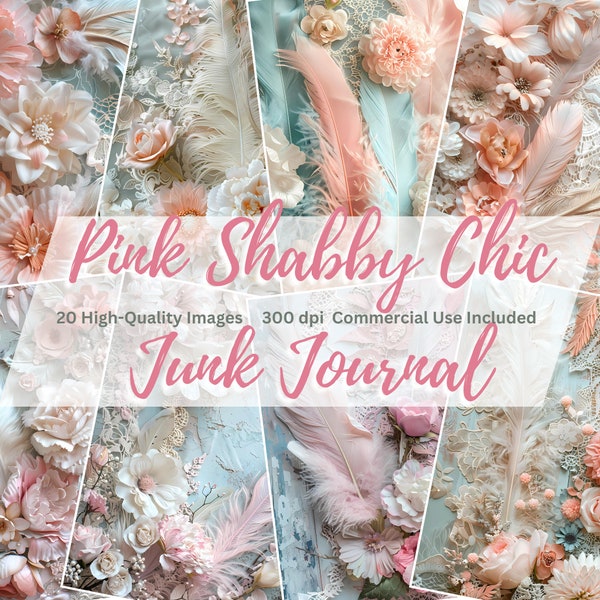 Pink Shabby Chic Junk Journal Kit, Lace Junk Journal, Printable Journal Paper, Digital Paper Pack, Shabby Chic Paper, Feather Junk Journal