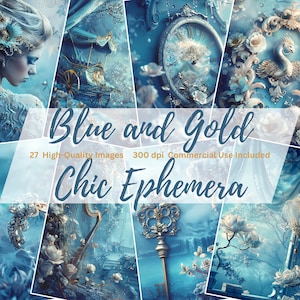Blue and Gold Chic Ephemera Junk Journal Kit, Digital Pages, Vintage Digital Paper, Romantic Blue Journal, Scrapbook, Collage Printables