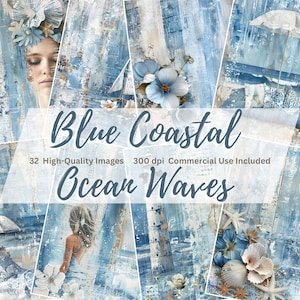 Blue coastal ocean waves junk journal kit, printable pages, nautical, scrapbooking, sea theme, beach life, shabby chic blue ocean images