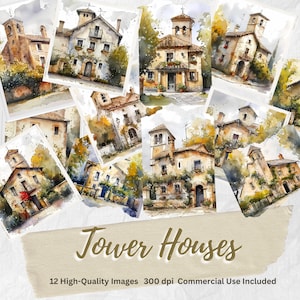 Tower Houses Clipart 12 High-Quality JPGs, Junk Journals, Paper Craft, Digital Download, Scrapbook, House Clipart, Tower House Clipart
