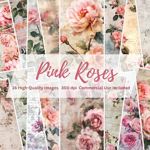 Pink Roses Journal, Flowers, Shabby Chic Roses, Vintage Ephemera, Vintage Roses, Digital Download, Scrapbooking Floral Pages, Junk Journal