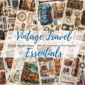 Vintage Travel Essentials, Travel Junk Journal, Traveler's Equipment Pages, Junk Journal Kit, Scrapbooking Papier, Vintage Ephemera Pagina's