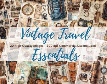 Vintage Travel Essentials, Travel Junk Journal, Traveler's Equipment Pages, Junk Journal Kit, Scrapbooking Paper, Vintage Ephemera Pages