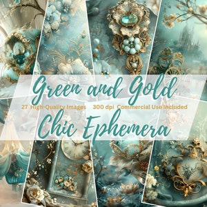 Green and Gold Chic Ephemera Junk Journal Kit, Digital Pages, Vintage Digital Paper, Romantic Green Journal, Scrapbook, Collage Printables