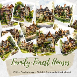 Family Forest Houses Clipart 12 High-Quality JPGs, Junk Journals, Paper Craft, Digital Download, Scrapbook, House Clipart, Country Clipart
