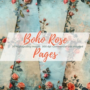 Páginas de Rosas Boho, Flores, Rosas Shabby Chic, Efímera, Rosas Vintage, Descarga Digital, Páginas Florales, Diario Basura Boho, Fondo Rosa