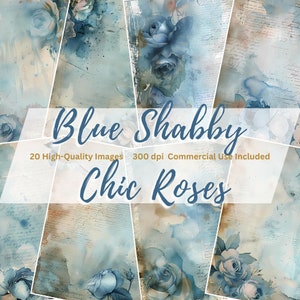 Blaue Shabby Chic Rosen Junk Journal Digitale Seiten, Vintage Ephemera Kit, Blumenseiten, Blumenhintergrund Digitales Papier, druckbare Rosen
