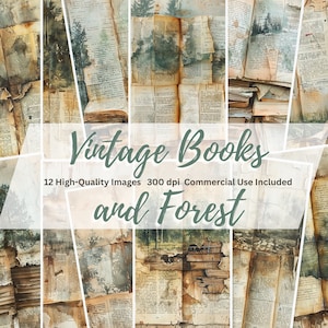 May include: A collage of 12 high-quality images featuring vintage books and forest scenes. The images are 300 dpi and commercial use is included. The text "Vintage Books and Forest" is displayed in the center of the collage.