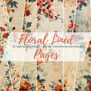 Floral Lined Pages, Shabby Chic, Floral Papers, Flowers, Lined Papers, Wildflowers Blank lined Journal, Digital Download, Lined Blank Page