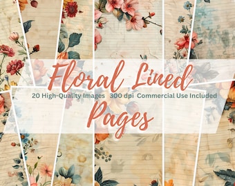 Floral Lined Pages, Shabby Chic, Floral Papers, Flowers, Lined Papers, Wildflowers Blank lined Journal, Digital Download, Lined Blank Page