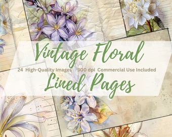 Vintage floral lined pages journal, vintage ephemera, printable images, botanicals journal images, paper texture, scrapbook digital paper