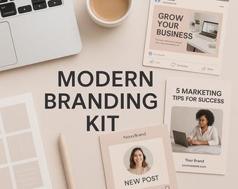 May include: A flat lay featuring a laptop, coffee cup, pen, and several cards with social media mockups and the text "MODERN BRANDING KIT." The cards display the text "GROW YOUR BUSINESS" and "5 MARKETING TIPS FOR SUCCESS."