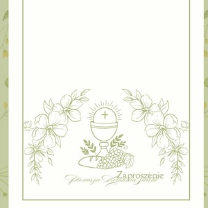 Puede incluir: Tarjeta de invitación rectangular con fondo blanco y diseños florales. Presenta una ilustración de cáliz, pan y uvas, con el texto "Zaproszenie Pierwsza Komunia Święta".