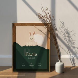 Personalisiertes Babyposter zur Geburt - Babyname, Datum, Uhrzeit, Größe und Gewicht - Dekoratives Geburtsgeschenk fürs Baby-Hase-Zimmer