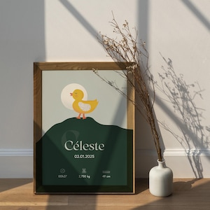 Póster personalizado para anunciar el nacimiento de un bebé: nombre, fecha, hora, altura y peso. Regalo decorativo para la habitación de un patito.