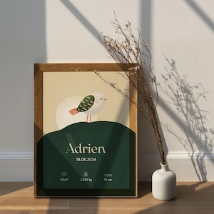 Personalisiertes Geburtsposter - Babyname, Datum, Uhrzeit, Größe und Gewicht - Einzigartiges Geschenk für Neugeborene - Wanddekoration für Babyzimmer, Vogel