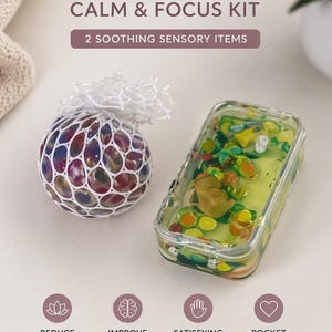 May include: A sensory kit with two items for calm and focus. One is a mesh ball filled with colourful beads, and the other is a clear rectangular container with colourful shapes and liquid. The text reads "Sensory Calm & Focus Kit".
