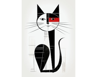 May include: A black and white stylized illustration of a cat with a red eye. The cat is sitting on a white background with a geometric pattern.