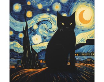 Starry Night black furry Cat canvas Van Gogh style, funny