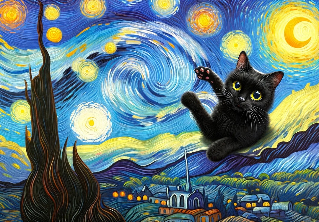 Cat Print Starry Night Vincent Van Gogh Black Cat Art Funny Gift ...