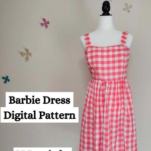 May include: A digital pattern for a red and white gingham Barbie dress. The dress has a square neckline and thin straps. The text "Barbie Dress Digital Pattern" and "PDF ready for download" is visible on the image.