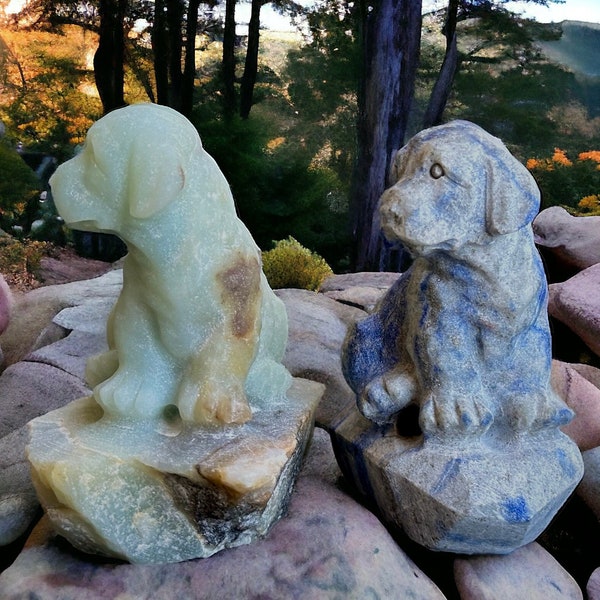 Lapis Lazuli & Caribbean Calcite Dog on Rock | Unique Crystal Carvings | Unpolished Hand-Carved Stone | SO CUTE !