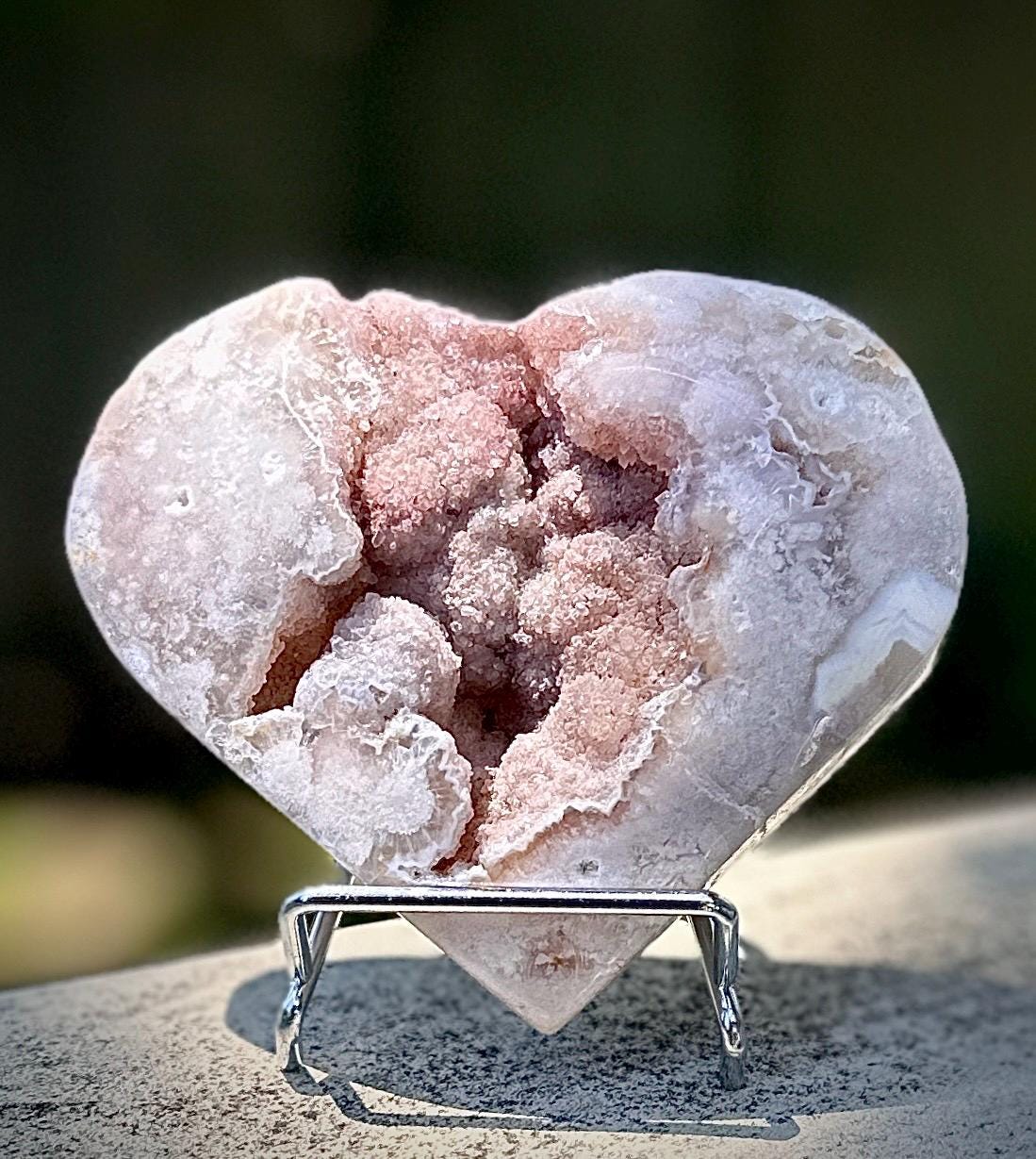 Pink Amethyst Druzy Heart | Sparkling Crystal with Hidden Back Cavities | Silver Metal Stand Included | Love & Healing Stone Carving Gift