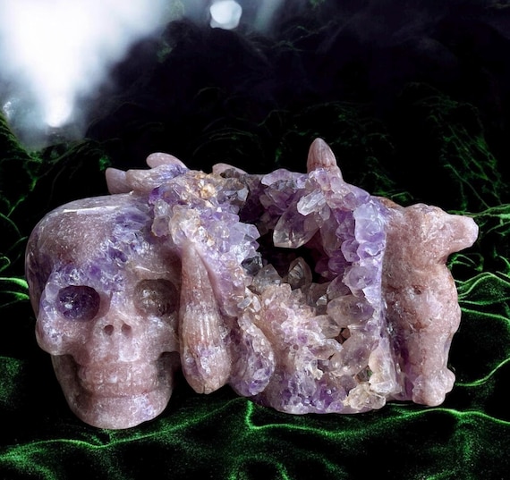 Pink Amethyst Skull & Nine-tailed Fox Carving: Druzy Crystal Totem