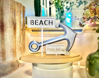 Beach This Way: 3D Printed Anchor Decor, Nautical Beach Directional Sign with Sand-Colored Base, Metal-Look Anchor Arrow-Mother’s Day Gift!