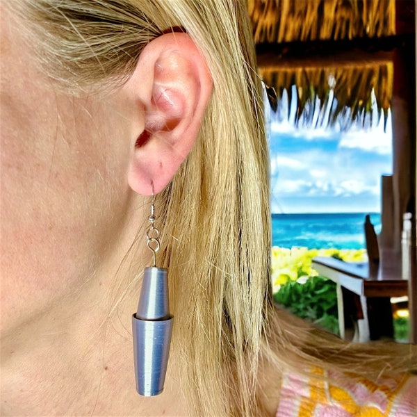 Mixologist Earrings: Ultra-light Boston Shaker Inspired Sterling Silver and Bartender Craft Cocktail Accessory - Real Shaking Noise!