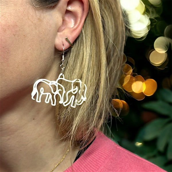 Sterling Silver & PLA Elephant Family Earrings - Mother and Baby Elephant Artistic Nature Design Jewelry