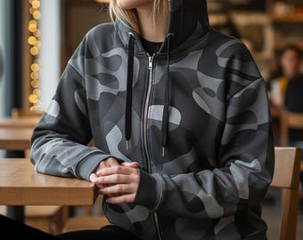 Camo Zip Hoodie: Unisex Military-inspired Polyester Streetwear - Etsy