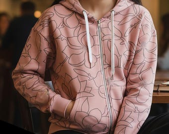 Pastel Floral Outline Zip Hoodie All-Over Print Relaxed Recycled Unisex