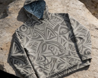 Geometrische tribal hoodie, uniseks katoenen trui verlaagde schouder, relaxte pasvorm