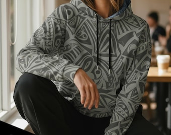 Geometric Tribal Hoodie Unisex Cotton Pullover Drop Shoulder Relaxed Fit