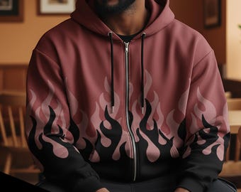 Sudadera con capucha y cremallera con estampado de llamas / Ropa urbana unisex de corte relajado