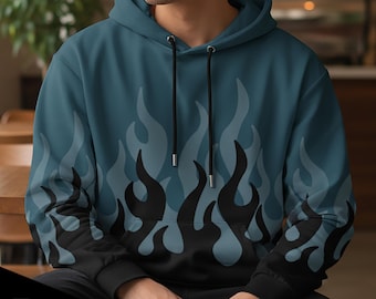 Sudadera con capucha unisex Black Flames, de algodón, con hombros caídos y corte relajado.