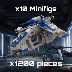 May include: A white and blue building block model of a starship gunship featuring two top-mounted cannons, bubble cockpits, and an open side bay. The text x10 Minifigs and x1200 pieces is displayed in white font against a dark hangar background.