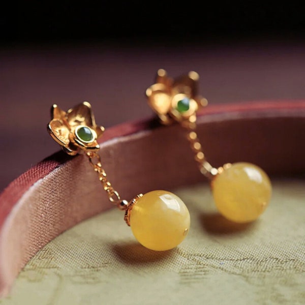 S925 Chalcedony Earrings For Women/Ladies Yellow Stone Drop Earrings/Flower Dangle Earrings/Natural Stone Jewelry Earrings/Gift For Her