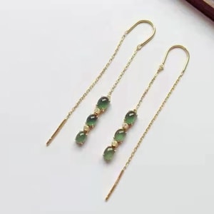 Long Jade Dangle Earrings for Women/Gold Plated Hetian Jade Earrings/Inlaid Green Oval Stone Earrings/Vintage Drop Earrings/Gift For Her