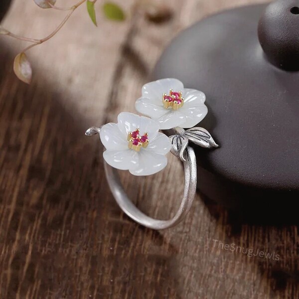 Women's S925 Silver Jade Ring/Adjustable Flower Jade Ring For Ladies/Girls Jewelry Flower Ring/Elegant Hetian Jade Flower Ring/Gift For Her